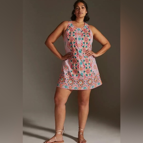 ANTHROPOLOGIE EMBROIDERY & APPLIQUED SHIFT DRESS SIZE 12 PINK ORANGE - Picture 7 of 16